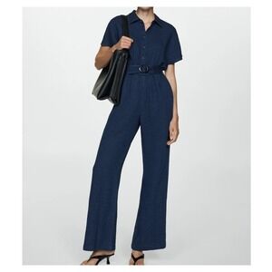 MANGO Jumpsuit Night Blue Button Front‎ Short Sleeve Bambula Belted Festival